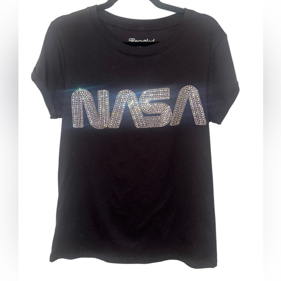 Recycled Karma Tops - Recycled Karma “NASA” Black Cotton T-Shirt with sequins
